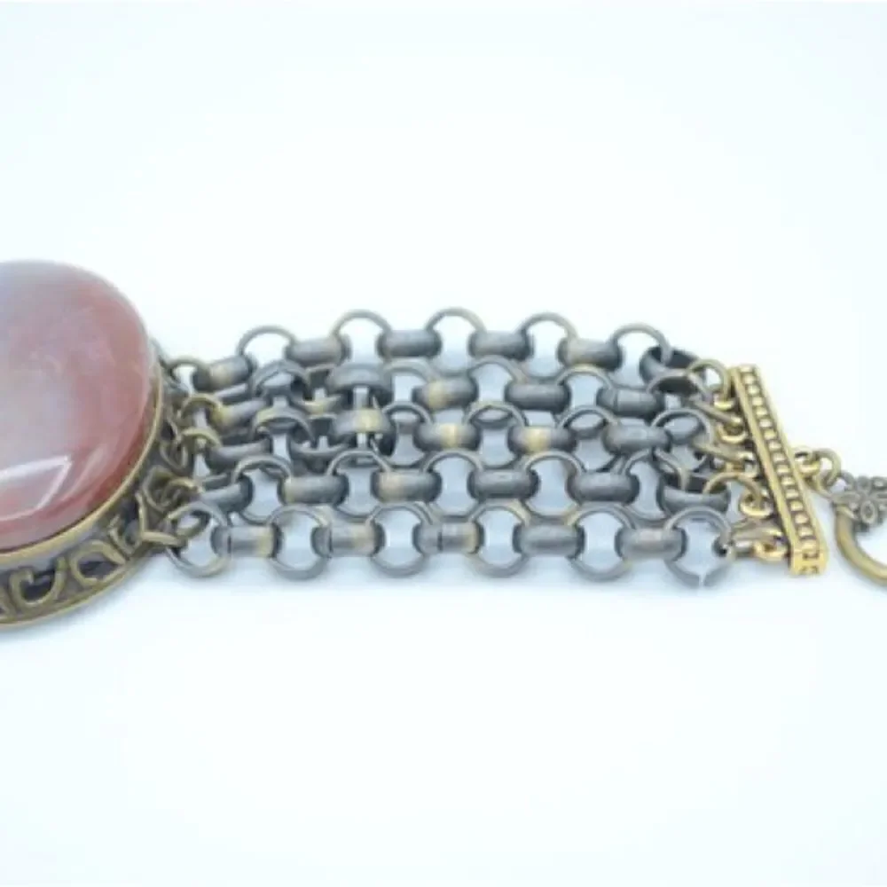 Bracelet with Natural Red Moss Agate Stone, 5 Chain Links and Toggle Closure. - Picture 5 of 6